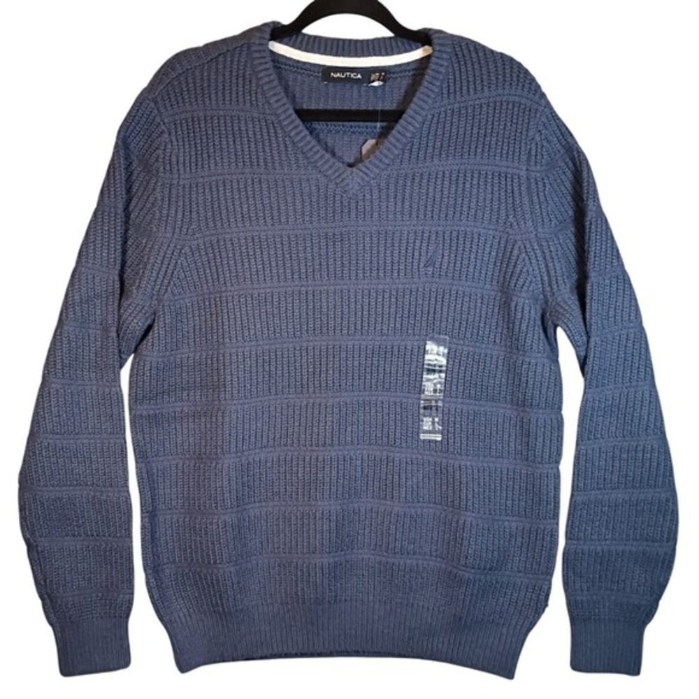 Nautica Men's M Ribbed V-Neck Sweater Mood Indigo Novelty Knit Pullover Top